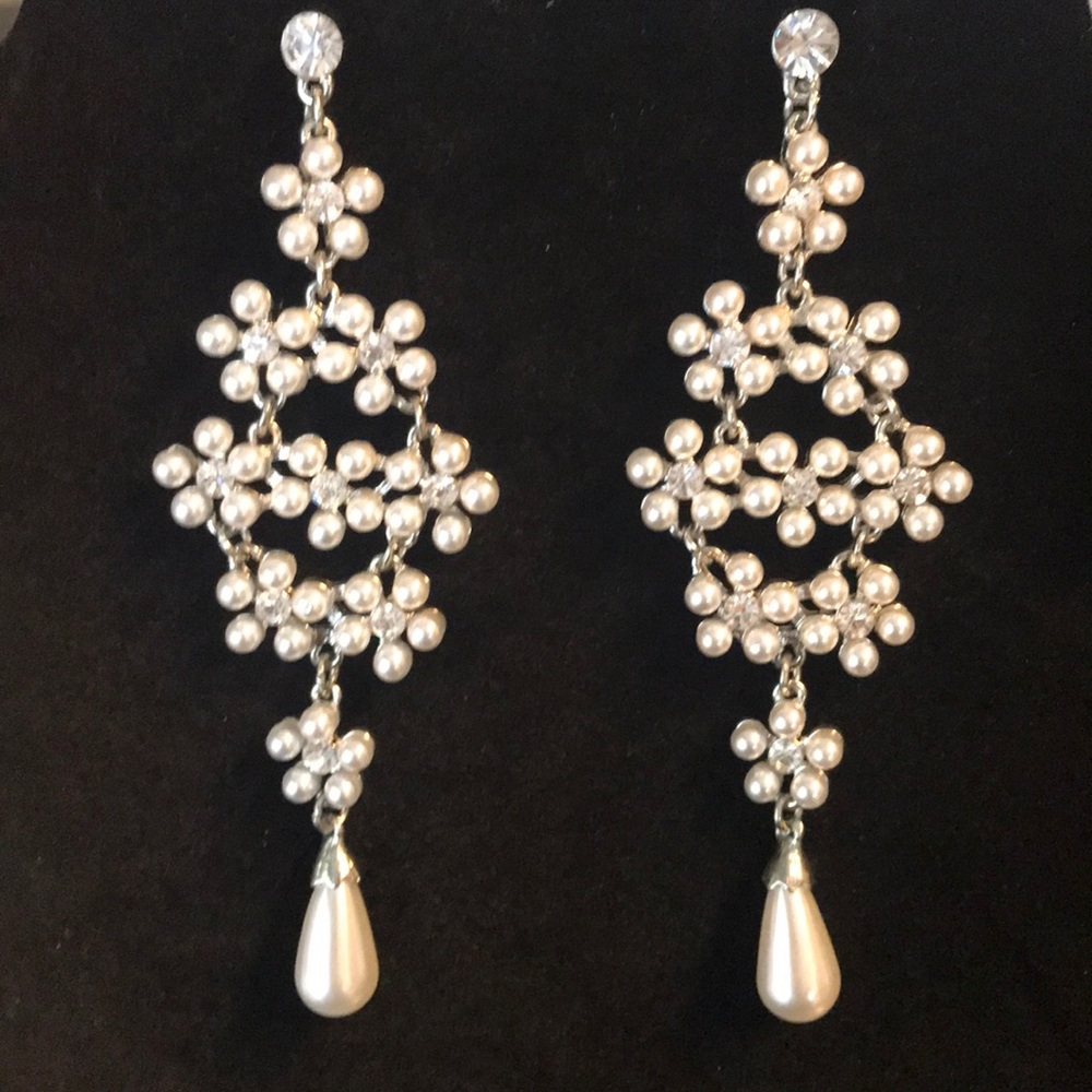 Silver Crystal & Pearl Chandelier Earrings